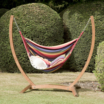 Patagonia Wooden Swing Chair with striped fabric